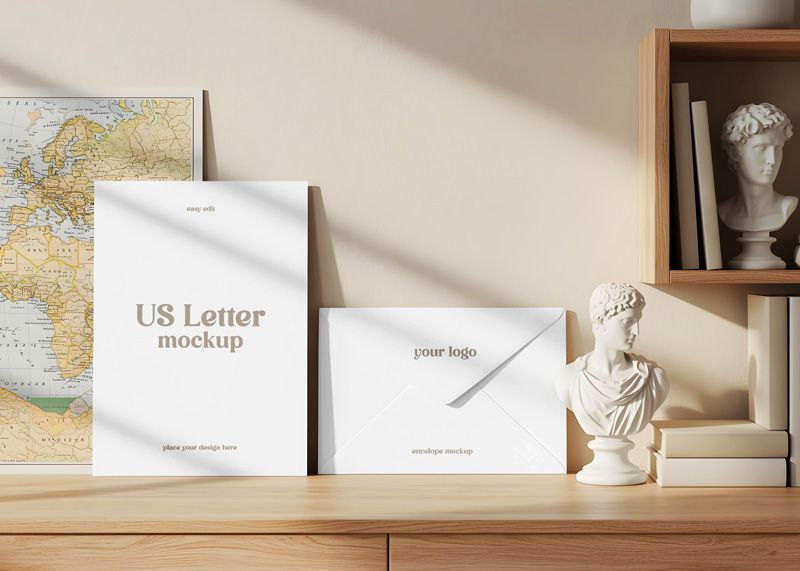 Free Envelope And Papers With Bust Mockup