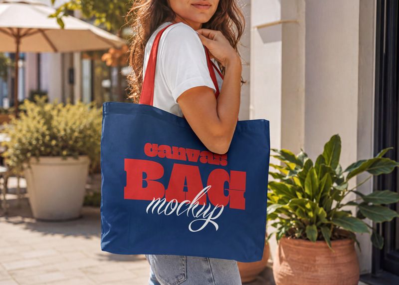 Free Canvas Bag with Women Mockup