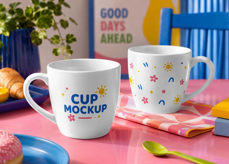 Free ceramic cups mockup PSD with two white cups on a bright pink table for café branding and drinkware design.