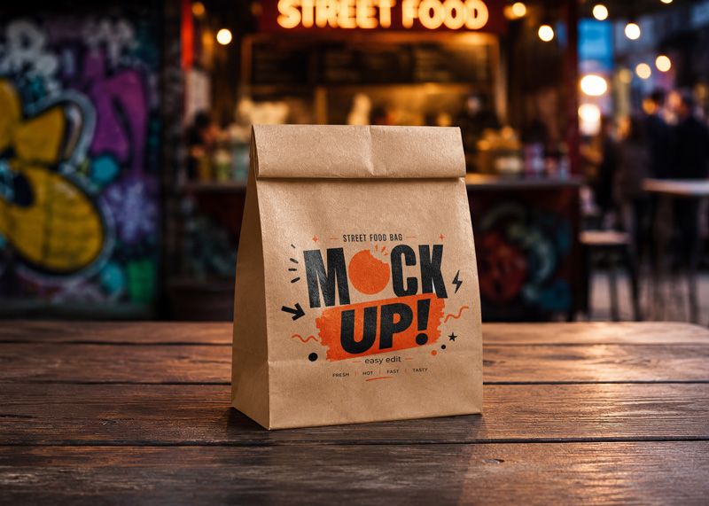 Free kraft paper food bag mockup PSD on wooden table with warm street food scene, blurred food stand, and urban background.
