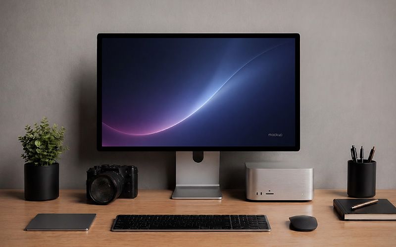 Free Mac Studio mockup PSD with large desktop screen in a clean creative workspace for website and UI design presentation.