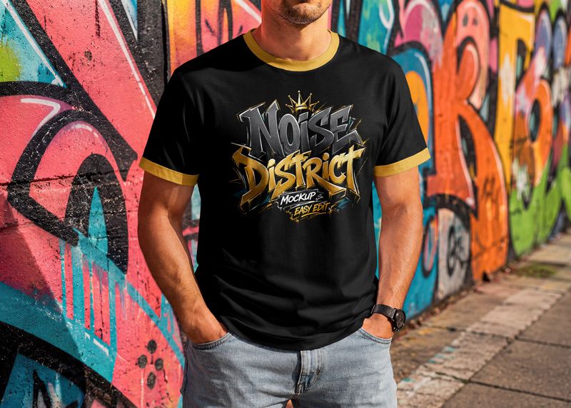 Urban man t-shirt mockup for graphic tees, music merch, streetwear branding, and print-on-demand apparel design.