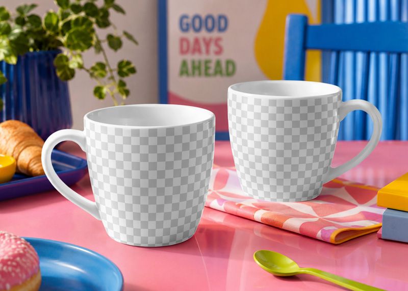Ceramic cup mockup with editable front logo area, blue typography, flower icon, and sun detail for coffee shop branding.