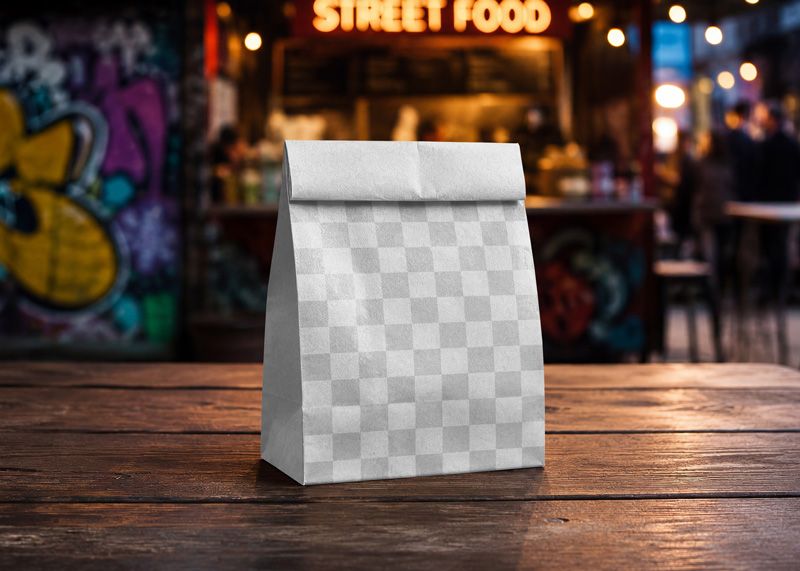 Kraft paper food bag mockup with editable front panel for logo, slogan, QR code, menu category, and takeaway branding.