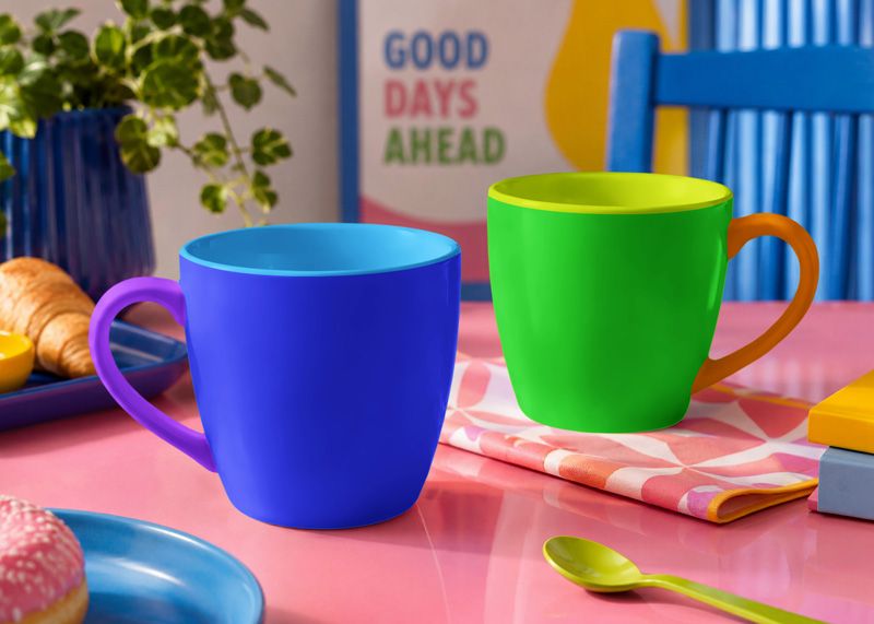 Bright breakfast scene with ceramic cups, croissant, donut, plant, blue chair, and colorful poster for café branding mockup.