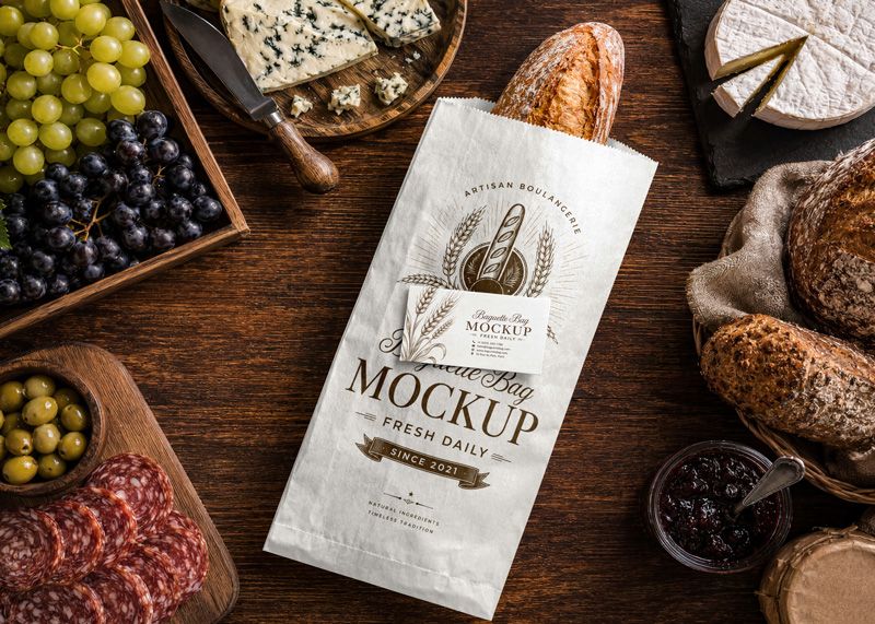 Free baguette bag with card mockup PSD on rustic wooden table with bread, cheese, grapes, olives, salami, and artisan bakery scene.