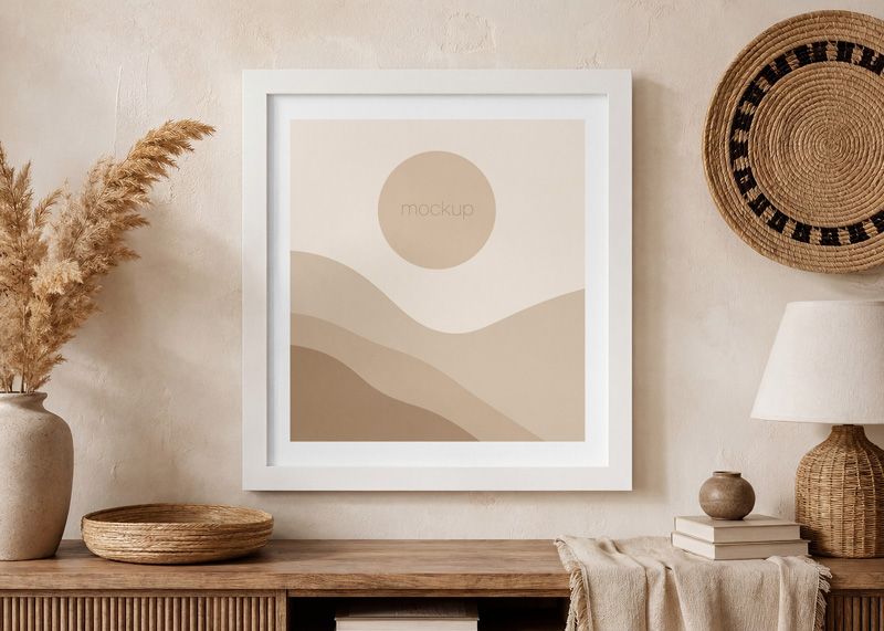 Free boho interior frame mockup with white poster frame, neutral wall art, wooden console, pampas grass, and woven decor.