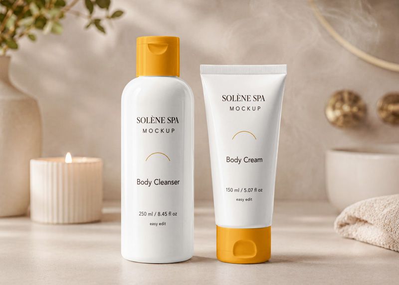 Free cosmetic bottle and tube mockup PSD with white body cleanser bottle, body cream tube, yellow caps, and warm spa scene.