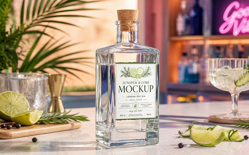Free gin bottle mockup PSD with clear glass bottle, botanical ingredients, lime slices, juniper berries, and premium bar scene.