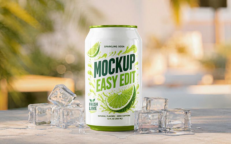 Free soda can mockup PSD with white sparkling lime drink can, ice cubes, water drops, and sunny tropical background.