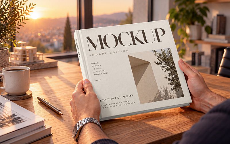 Square book mockup held in hands at a wooden desk in warm sunset light