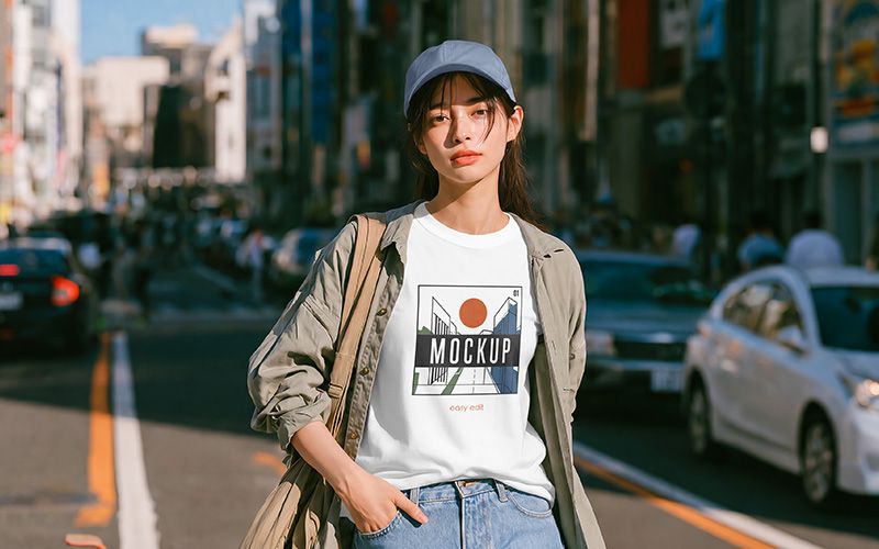 Free Standing Girl wearing T-Shirt Mockup with Denim Jacket