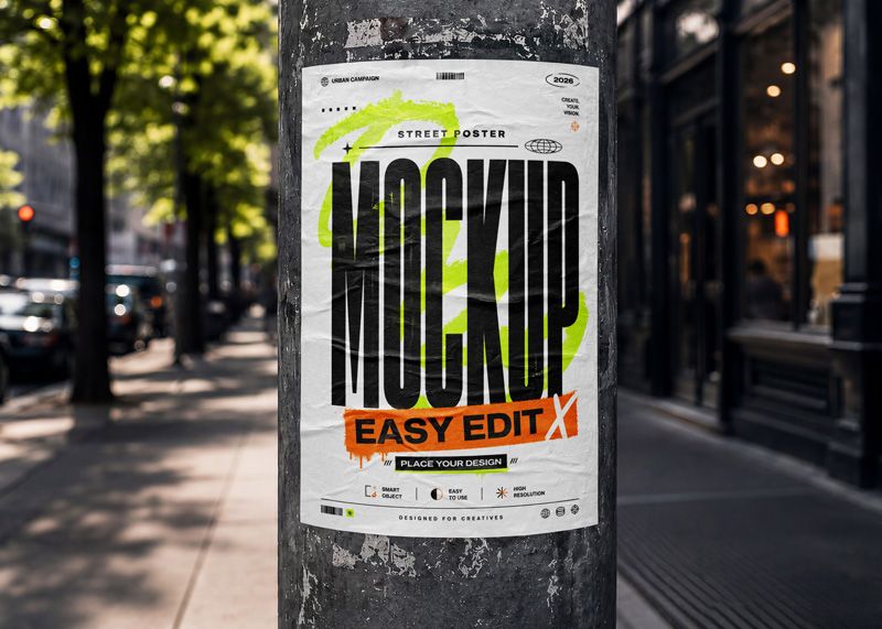 Free wrinkled poster mockup PSD on a worn city pole with urban street background for event poster and campaign design.