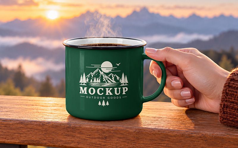 Metal Mug Mockup with custom outdoor logo held by hand against a mountain sunrise