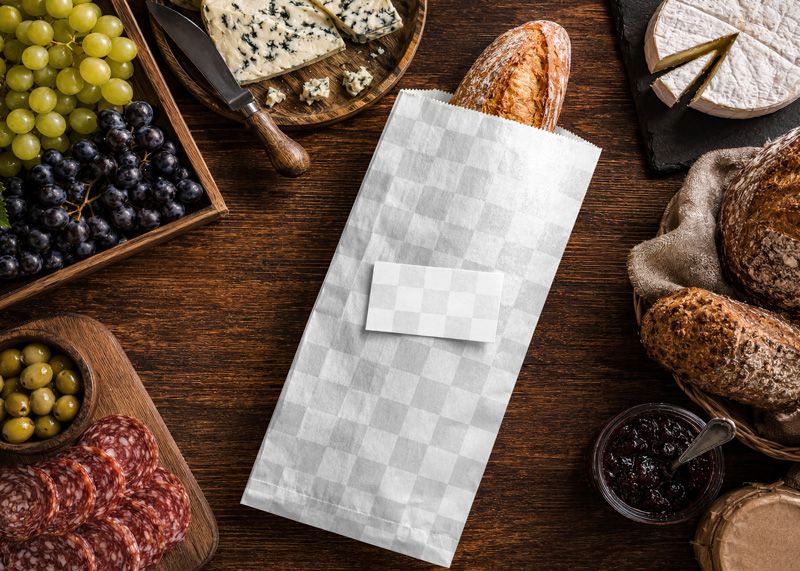 Paper baguette bag mockup with editable front area for bakery logo, wheat illustration, typography, and bread packaging design.