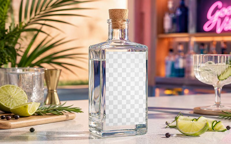 Gin bottle label mockup with editable front label area for craft distillery branding and premium spirit packaging.