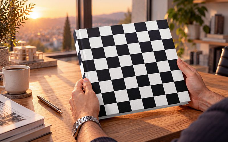 Checkered artwork showing the cover and spine design areas of a hardcover book