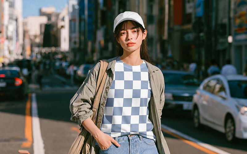 Free Standing Girl wearing T-Shirt Mockup with Denim Jacket Easy Edit