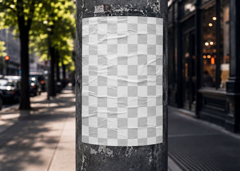 Realistic outdoor poster mockup in a city street scene with trees, cars, warm daylight, and a scratched metal pole.