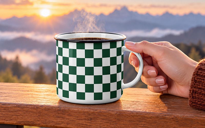 Metal Mug Mockup with green checkerboard pattern in a realistic outdoor mountain scene