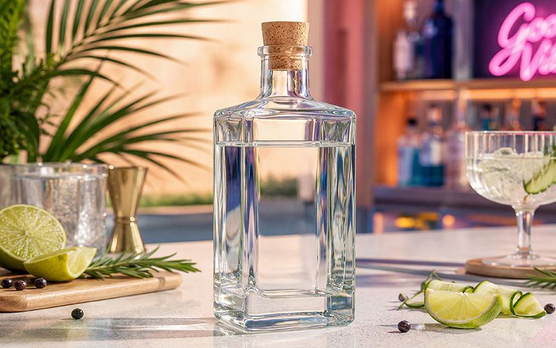 Realistic gin bottle mockup in a bright bar scene with cocktail glass, rosemary, lime, and botanical ingredients.