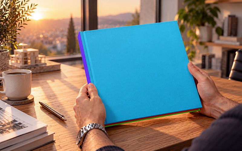 Hardcover book with a blue cover, purple spine and contrasting lower edges held in hands
