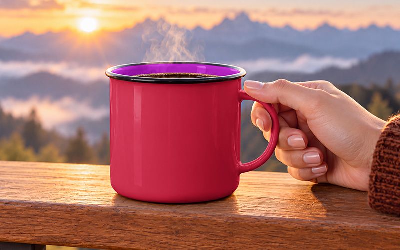 Editable Metal Mug Mockup in bright pink color held by hand at sunrise in the mountains