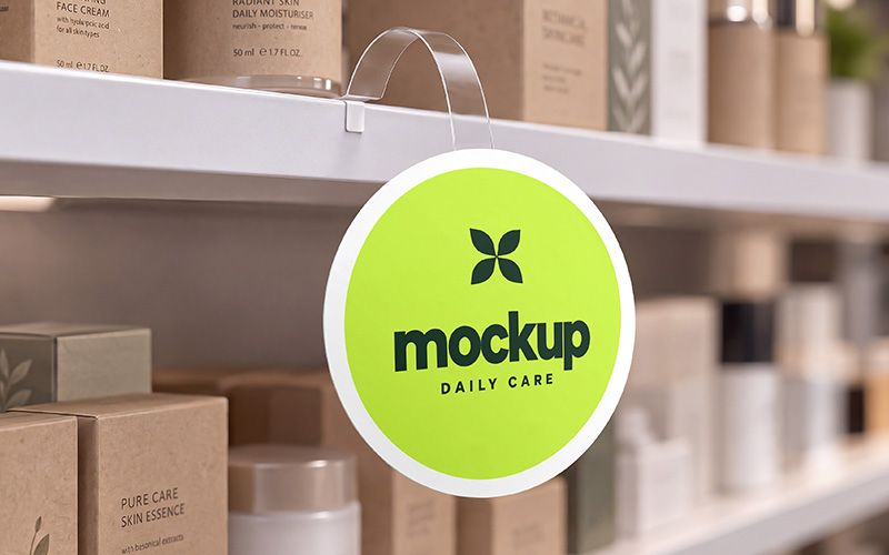Round wobbler mockup with a lime green design on a cosmetics shelf