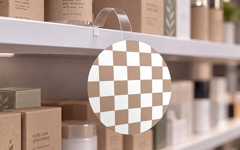 Checkered artwork on a circular shelf sign showing the design replacement area