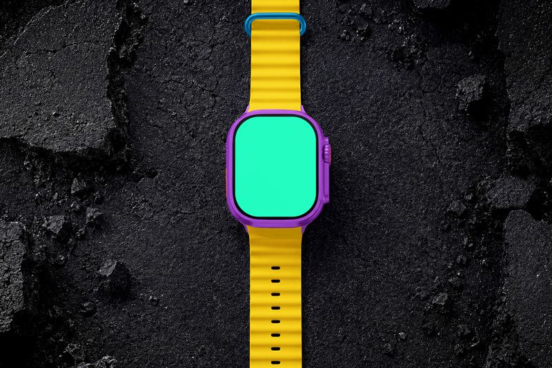 Rugged smartwatch mockup color variation with bright strap, purple case, and clean screen area for bold wearable UI presentation.