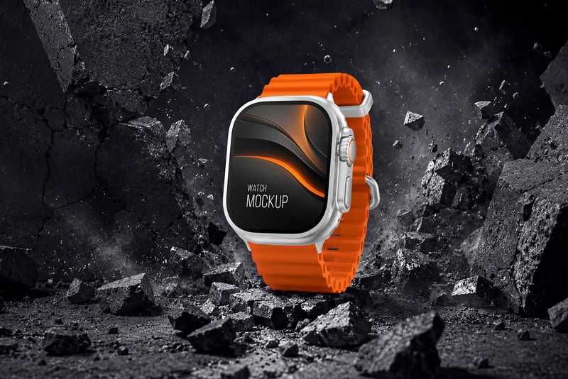 Premium smartwatch mockup in rocky outdoor scene with orange strap, silver case, and editable screen for wearable app design.