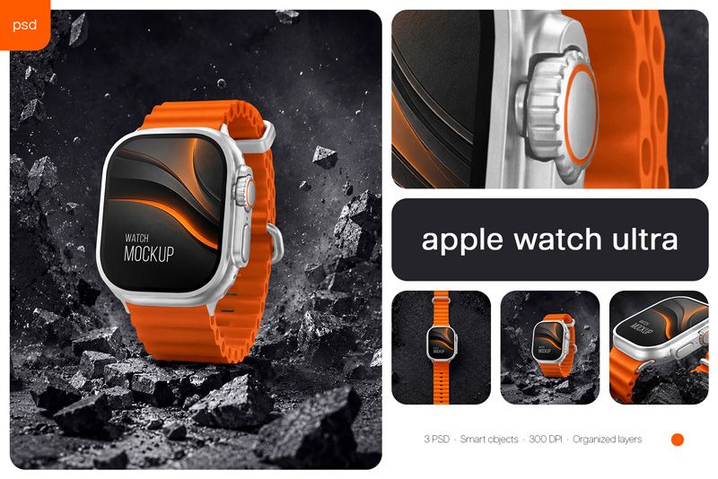 Apple Watch Ultra 2 style rugged smartwatch mockup set with orange strap, rocky background, and editable watch screen for wearable UI design.