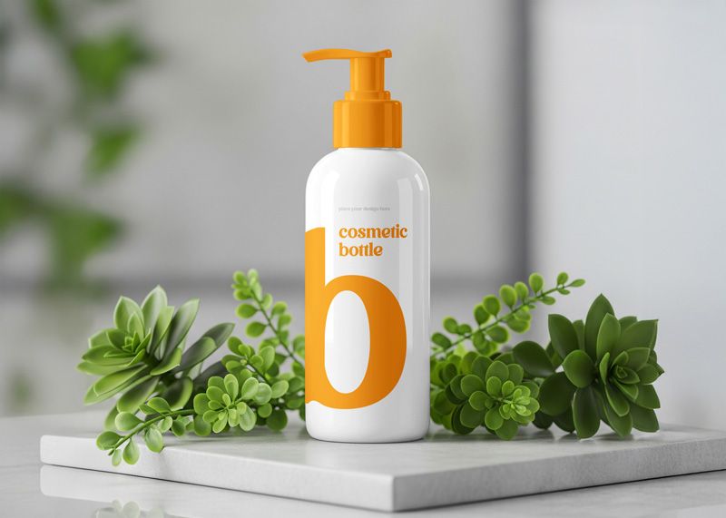 Free Dispenser Bottle with Plant Mockup