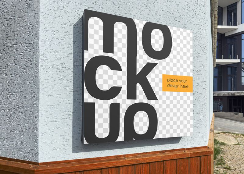 Free Square Signboard On Building Mockup 2