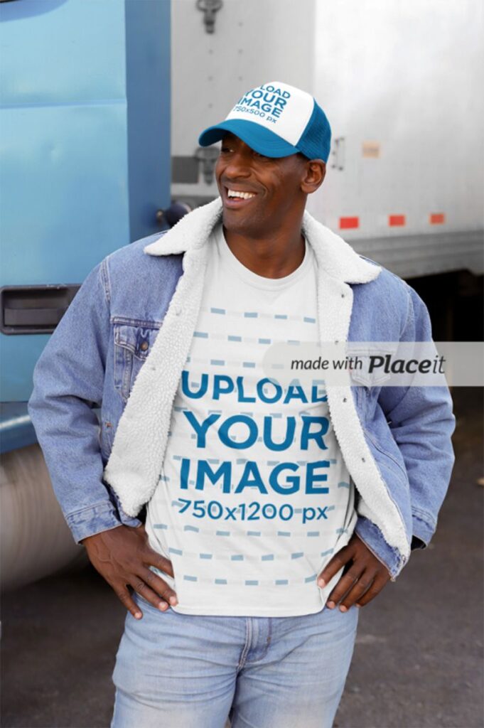 Free Mockup of a Man Wearing a Customizable T-shirt and Trucker Hat in the Street