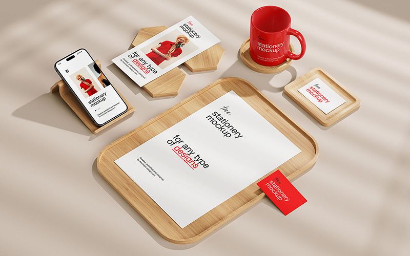Free Stationery with Wood Elements Mockup 4