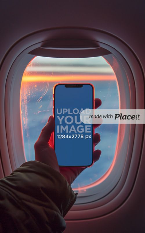 Free iPhone 13 Mockup of a Person Taking a Picture of the Sunset from a Plane