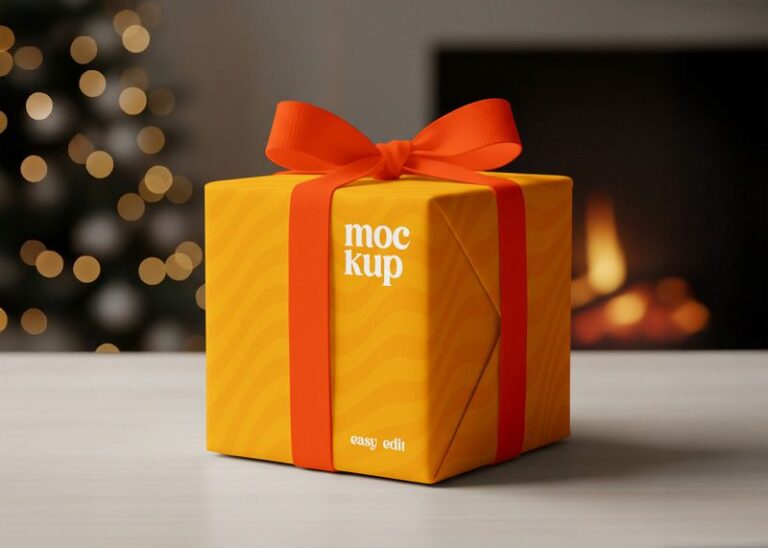 Free Wrapped Christmas Gift Box Mockup - Free mockup