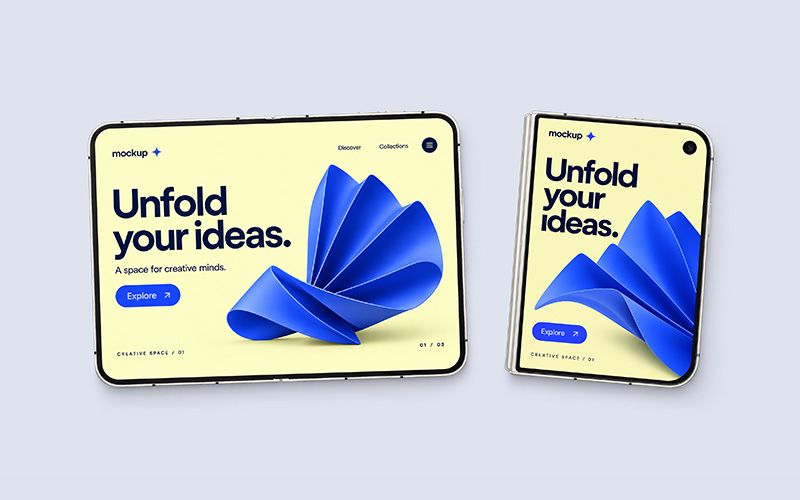 iPhone Duo mockup showing open and closed foldable phones with yellow screens and blue abstract artwork