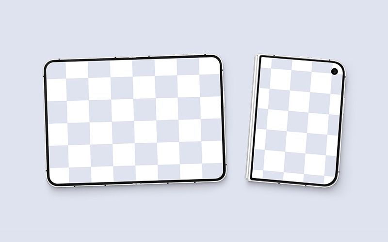 Foldable phone mockup with checkerboard placeholders on the wide inner display and portrait cover screen