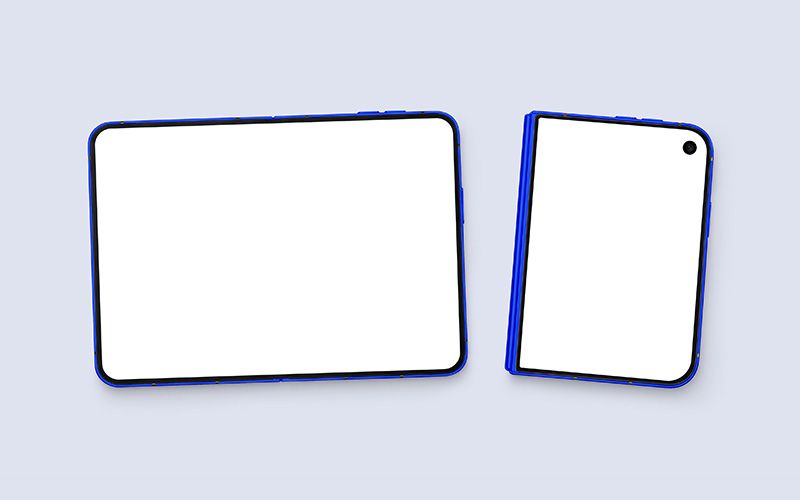 iPhone Duo mockup with blue phone frames and blank white inner and cover screens