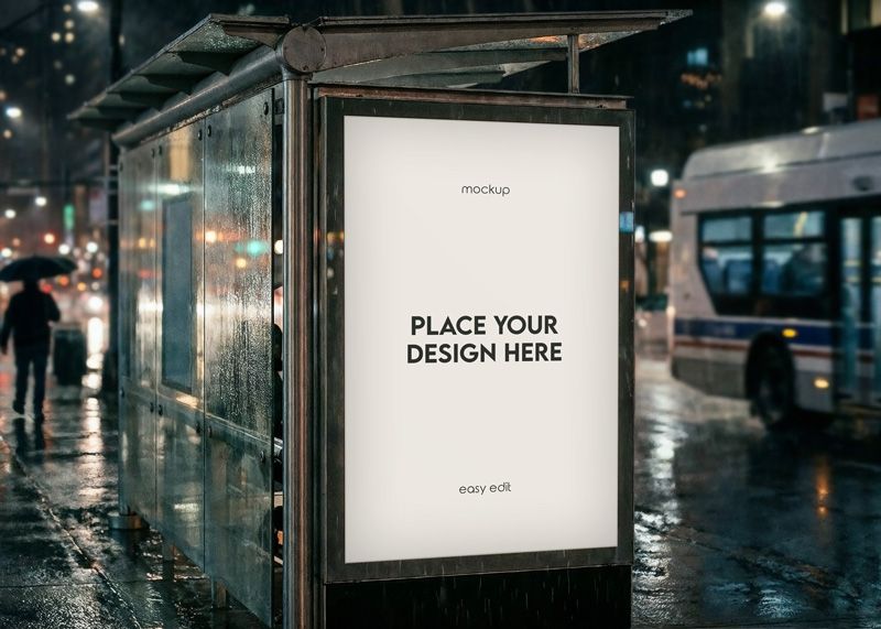 Free Advertising Framed Poster on a Bus Stop Mockup