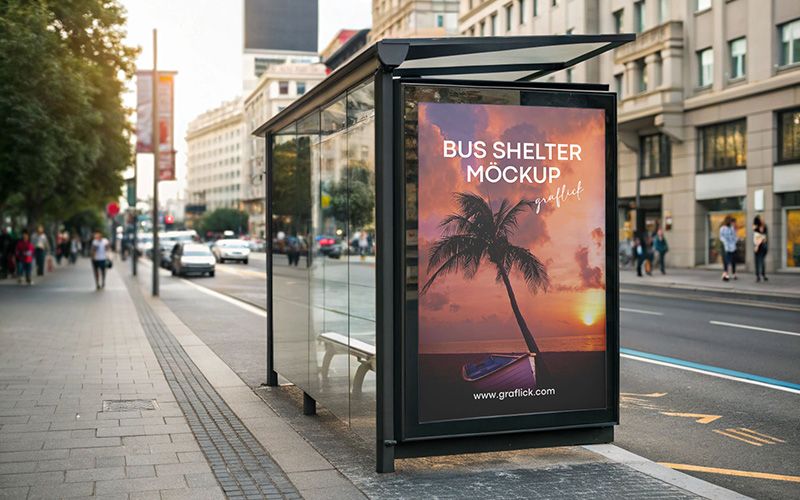 Free Advertising Framed Poster on a Bus Stop Mockup