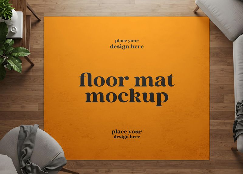 Free Rectangular Floor Mat with Sofa Mockup