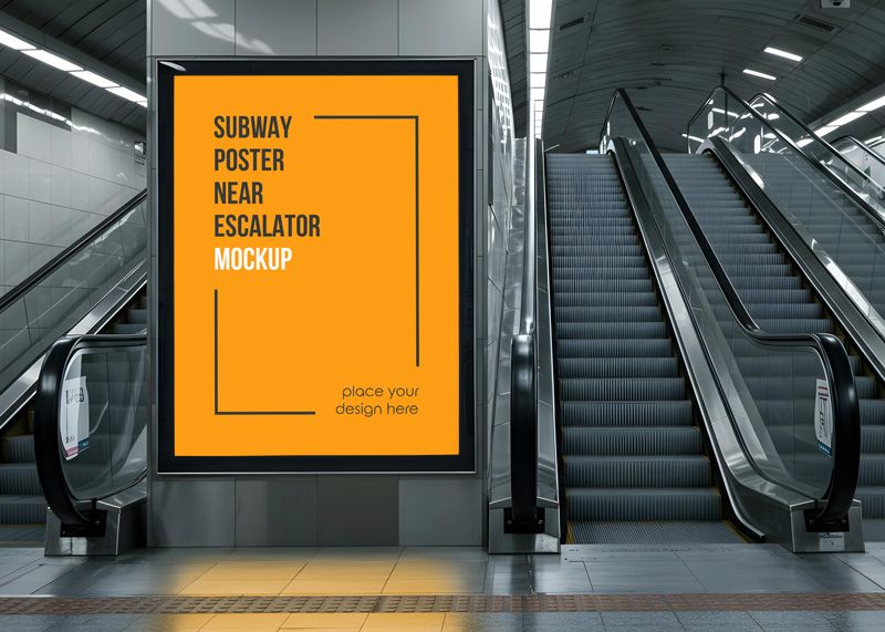 Free Subway Poster near Escalator Mockup