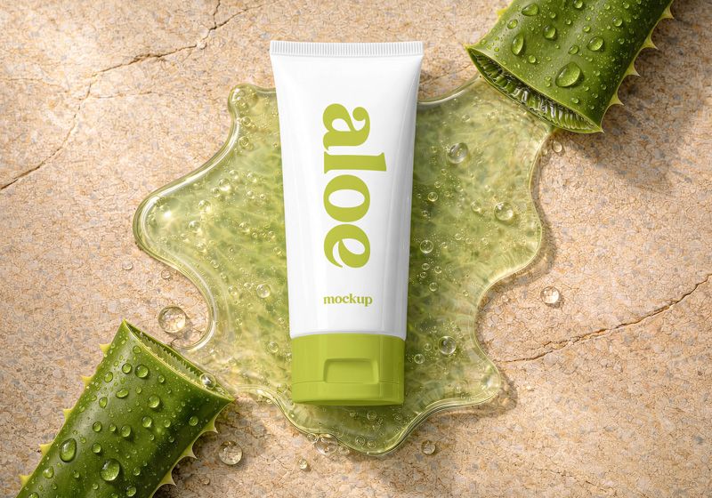 Cosmetic Tube with Aloe Vera Leaves Mockup