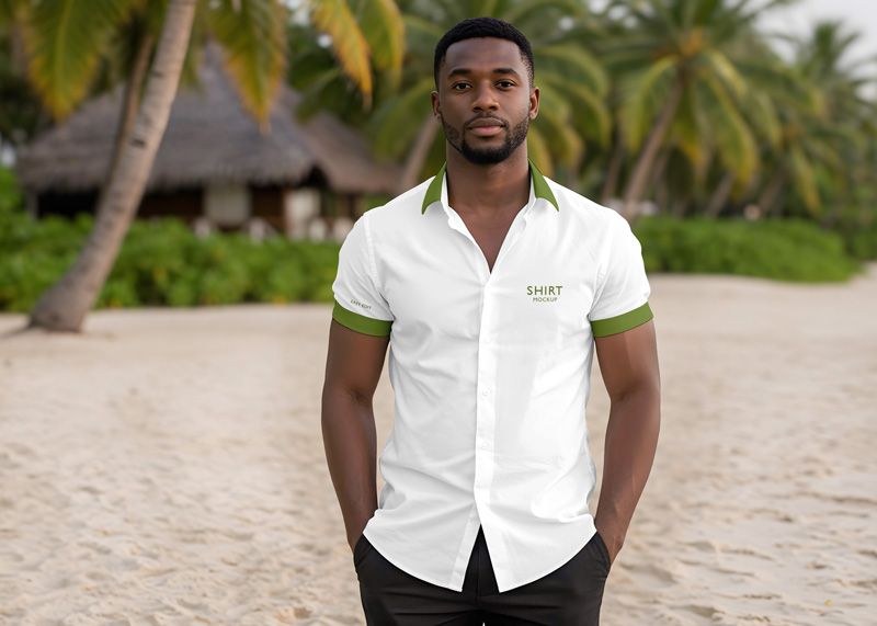 Free short sleeve camp collar shirt mockup with white shirt, green collar accents, and tropical beach background.