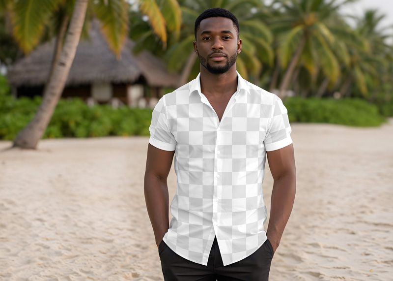 Men’s camp collar shirt mockup with editable chest logo area for resort wear branding and casual menswear design.