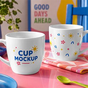 Ceramic cup mockup with colorful flower, sun, and abstract pattern for playful drinkware design.