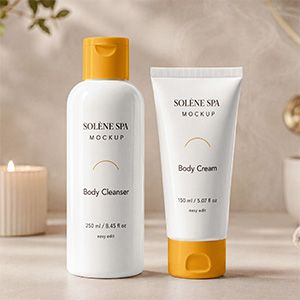 Free cosmetic packaging mockup PSD for body cleanser, body cream, lotion, shower gel, and clean beauty product line.